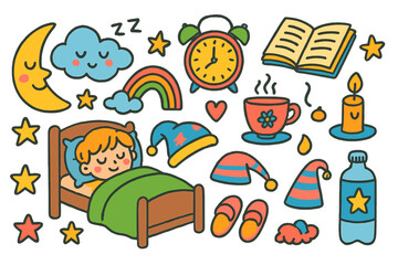 Fototapeta premium Children's Sleep Icons. Colorful Hand-drawn doodle Children illustration rest and recovery sleeping face, bed, moon, stars, clock, tea cup, book, blanket,