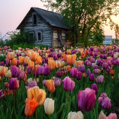 Rustic wooden house beside vibrant tulip field at sunset
