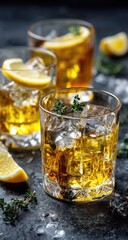 Three glasses of amber liquid, ice, lemon, and thyme sprigs on dark surface