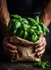 Hands holding a paper bag of fresh basil