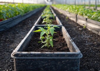 Young tomato plants in a greenhouse row