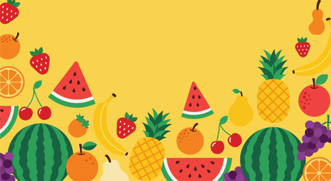 Colorful Tropical Fruits on Yellow Background, Summer Fruit Border Design, Fresh Fruit Vector Banner - Powered by Adobe