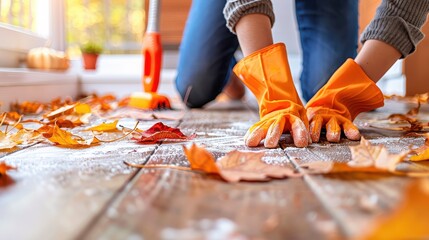 Fall cleanup: Person in orange gloves sweeping autumn leaves from a wooden floor indoors during the cozy season