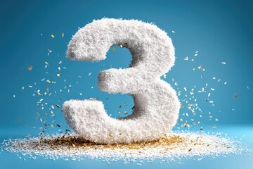 Fluffy white number three on blue background, surrounded by confetti