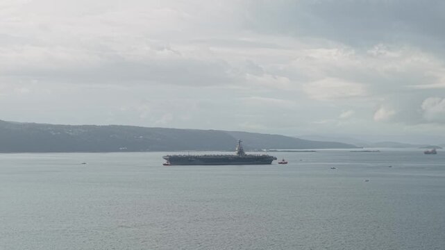 Aerial View Of USS Gerald R. Ford (CVN-78) Aircraft Carrier In Oslo Fjord With Calm Waters In Norway.