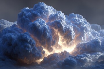 Immense cumulus cloud illuminated from within, glowing orange and yellow