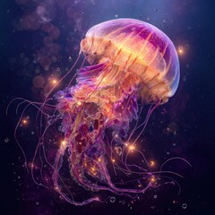 Glowing jellyfish in dark, cosmic-like water