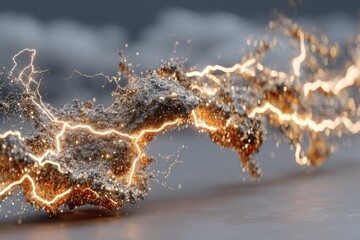 Abstract 3D render of flowing metallic substance with embedded lightning