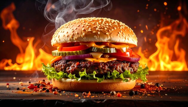 Delicious burger on dark background with flames