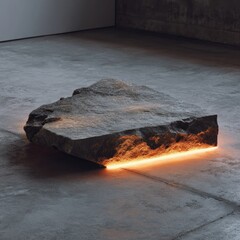 Raw stone slab with warm light beneath, on concrete