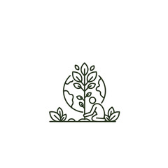 Minimalist line art illustration depicting a person planting a young tree in front of the Earth, symbolizing environmental care, sustainable living, and the growth of a better future for our planet