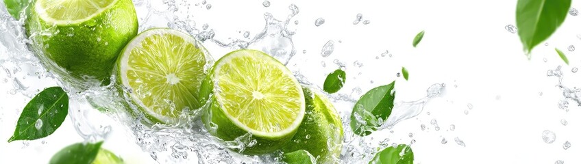 Limes splashing in water, green leaves