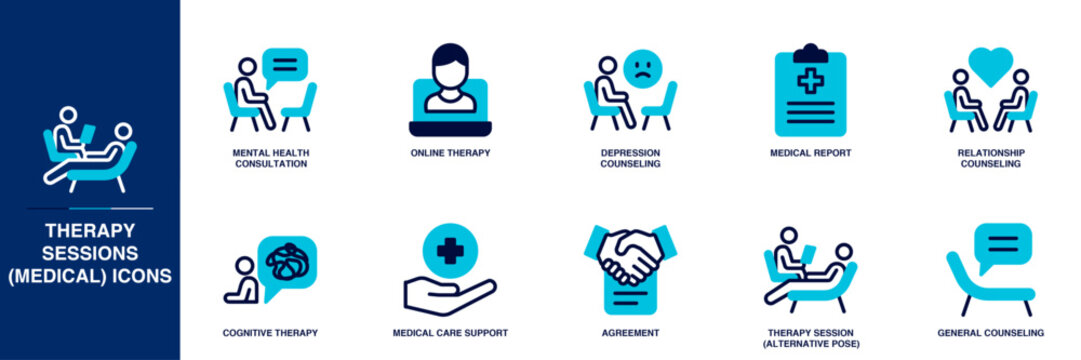 Therapy Sessions (Medical) Blue Colored Outline Icon Set