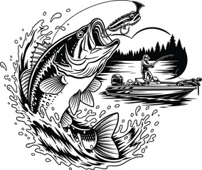Jumping largemouth bass fishing silhouette Vector illustration for a fishing tournament or t-shirt design