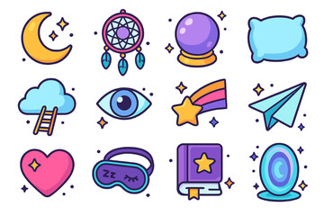 Fototapeta premium Dream Icons Collection. Dreams. Colorful isometric vector icons set of dreams: moon with stars, dreamcatcher, crystal ball, fluffy pillow, cloud with ladder,