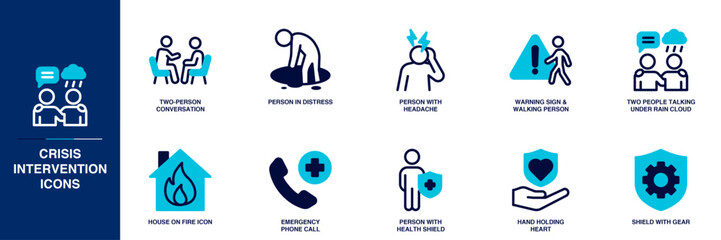Crisis Intervention Blue Colored Outline Icon Set