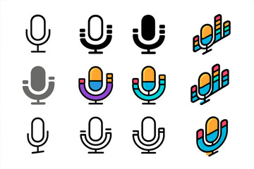 Voice-Controlled Music Logos. Set Logo of Voice-Controlling Music: Equalizer Bars with Voice Icon. Logo set in vector style, emblematic variations. line, bold