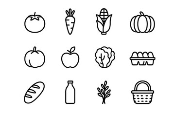 Farmers Market Icons. Farmers market. Line icon set of farmers market: tomato, carrot, strawberry, corn, pumpkin, apple, lettuce, egg carton, bread loaf, milk