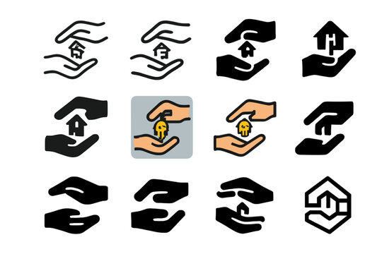 House Key Exchange. Set Logo of Handheld House Keys: pair of hands exchanging house key. Logo set in vector style, emblematic variations. line, bold thick