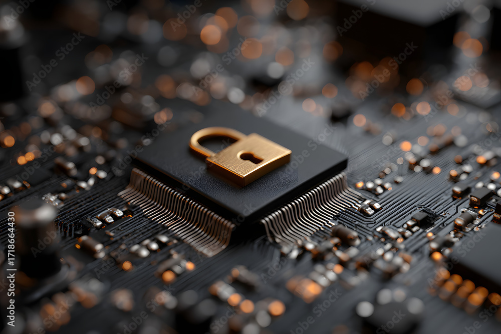Poster secure connection and cybersecurity service. features an up-close of a computer motherboard, emphasi