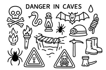 Fototapeta premium Cave Exploration Dangers. Danger in caves. Hand-drawn doodle illustration danger in caves skull, bones, snake, bat, spider, torch, lantern, rope, broken