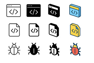 Game Coding Icons. Icon Set of Coding for games: code editor, script file, bug icon. Icons set in vector style, emblematic variations. Code editor line, code