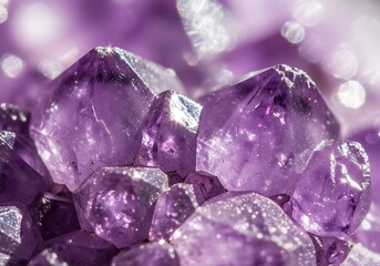 Close-up view of multifaceted amethyst crystals, showcasing their vibrant purple hues and intricate geometric forms, illuminated by soft light.