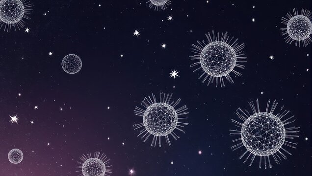 Abstract cosmic virus particles drift through a starry night sky creating a mysterious and scientific visual concept for disease research and exploration
