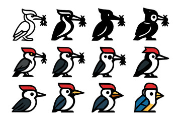 Naklejka premium Woodpecker Logo Variations. Set Logo of Woodpecker: Woodpecker with insect in beak. Logo set in vector style, emblematic variations. line, bold thick line,