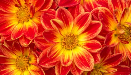 Close-up of vibrant red and yellow dahlia blossoms