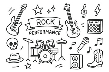 Obraz premium Rock Performance Doodles. Hand-drawn doodle illustration Rock Performance [electric guitar, bass guitar, drum set, microphone, speaker, star,