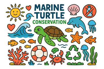 Marine Turtle Conservation Icons. Colorful Hand-drawn doodle Children illustration Marine turtle conservation [sea turtle, ocean wave, coral reef, seashell,