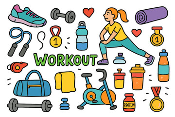 Colorful Workout Doodles. Workout. Colorful Hand-drawn doodle Children illustration Workout sneakers, dumbbell, barbell, skipping rope, yoga mat, water bottle,