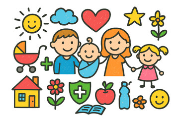 Happy Family Doodle. Colorful Hand-drawn doodle Children illustration family health happy family, baby, heart, stroller, house, cross sign, sun, cloud, star,