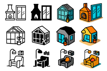 Cozy Living Icons. Icon Set of Cozy indoor-outdoor living: fireplace by terrace, sunroom, reading nook. Icons set in vector style, emblematic variations.