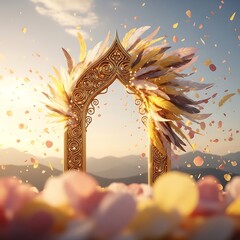A golden archway adorned with flowing feathers and petals, bathed in warm light, opens to a scenic mountain vista.