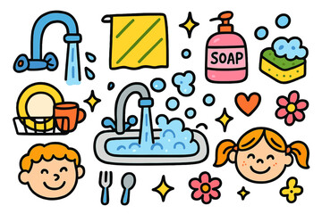 Cheerful Kitchen Chores. Colorful Hand-drawn doodle Children illustration Kitchen Chores sink, faucet, towel, sponge, bubbles, soap, dish rack, cup, plate,