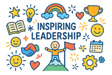 Obraz premium Inspiring Leadership Doodle. Colorful Hand-drawn doodle Children illustration Inspiring Leadership [leader figure, flag, mountain peak, book, light bulb, star,