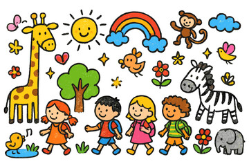 Children's Sanctuary Adventure. Colorful Hand-drawn doodle Children illustration Walking Through the Sanctuary children walking, giraffe, elephant, zebra,