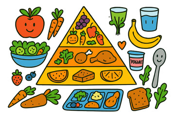 Healthy Eating Doodles. Colorful Hand-drawn doodle Children illustration Healthy eating food pyramid, apple, bowl of salad, carrots, yogurt cup, berries, lunch