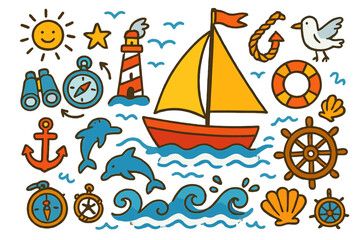 Ocean Adventure Doodles. Colorful Hand-drawn doodle Children illustration Sailing the Blue Ocean sailboat, lighthouse, compass, anchor, rope, flag, waves, sun,