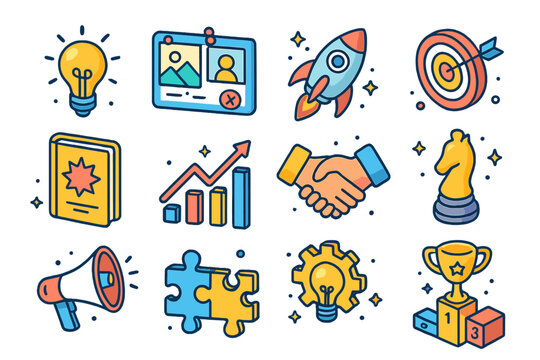 Entrepreneur Icon Set. Colorful isometric vector icons set of entrepreneurial mindset: lightbulb moment, vision board, startup rocket, target with arrow,