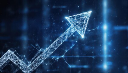 Dynamic glowing wireframe arrow ascends through digital network, symbolizing growth, success, and future innovation in business and technology