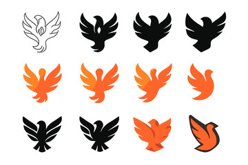 Phoenix Empowerment Logo Grid. Set Logo of women's empowerment: phoenix rising. Logo set in vector style, emblematic variations. line, bold thick line, solid