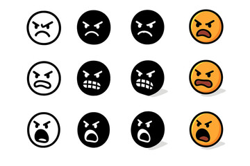 Naklejka premium Angry Face Icons. Icon Set of Angry Expressions: Scowling face, Gritted teeth face, Yelling face. Icons set in vector style, emblematic variations. Scowling