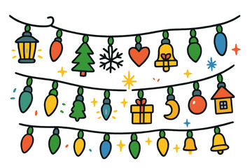 Naklejka premium Festive Holiday Doodles. Festive lights. Colorful Hand-drawn doodle Children illustration string lights, lantern, star, Christmas tree, snowflake, sparkle,