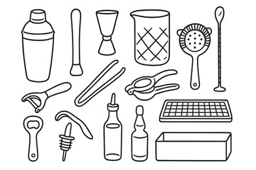 Bartending Tools Doodles. Bartender tools. Hand-drawn doodle illustration bartender tools shaker, muddler, jigger, strainer, mixing glass, bar spoon, garnish