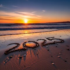 Golden sunset over the ocean, with the year 2025 written in the sand, casting dramatic shadows.