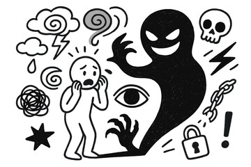 Fear and Shadows. Hand-drawn doodle illustration Fear shadow [human figure, shadow, storm swirl, skull, eye, claw, broken chain, spiral, cloud, lightning,