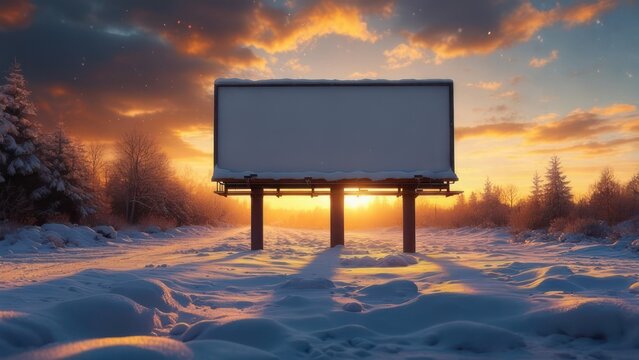 Stunning winter billboard awaits your impactful message against a breathtaking sunset, creating unforgettable ad opportunities.
